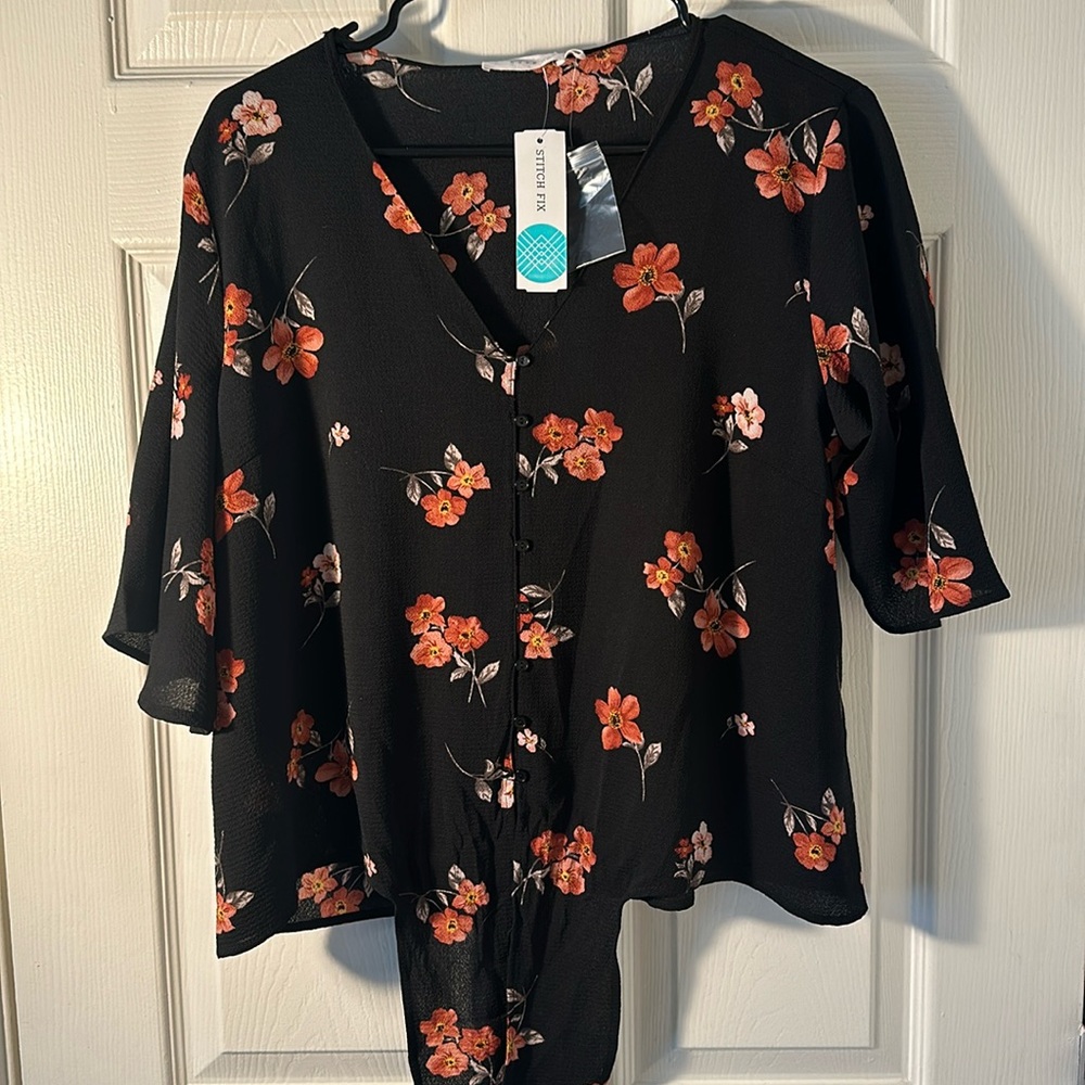 Black floral top with tie
